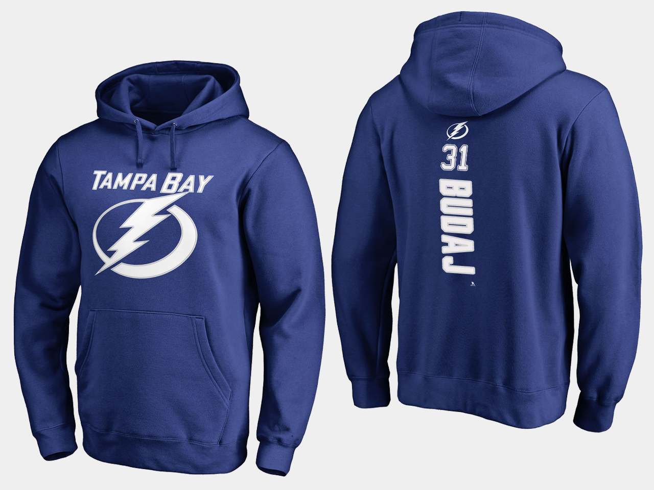 NHL Men adidas Tampa Bay Lightning 31 Budaj blue hoodie